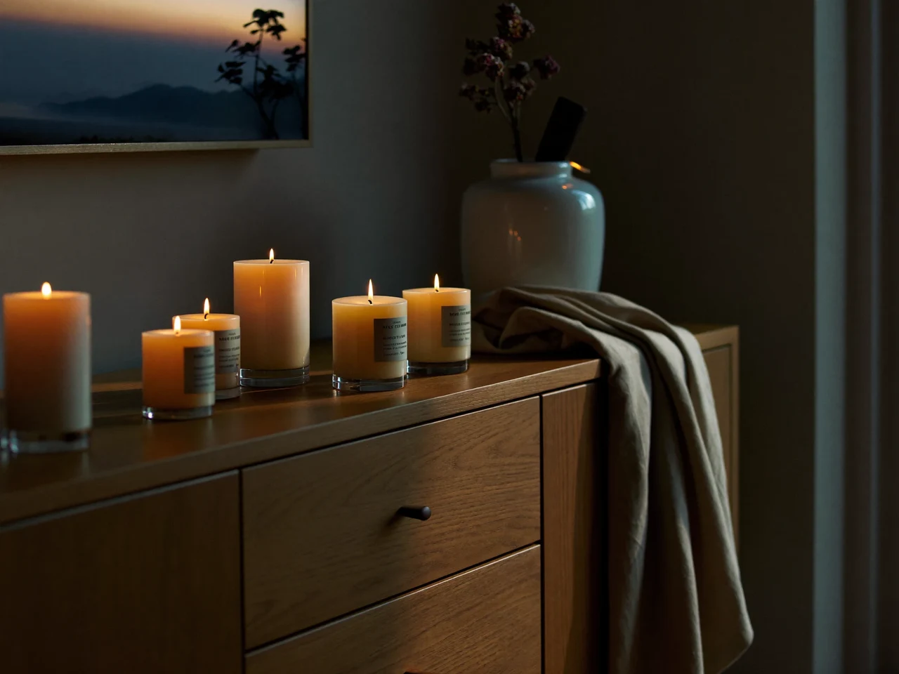 Wohnzimmerecke in der Dämmerung mit mehreren brennenden Kerzen auf einem Sideboard